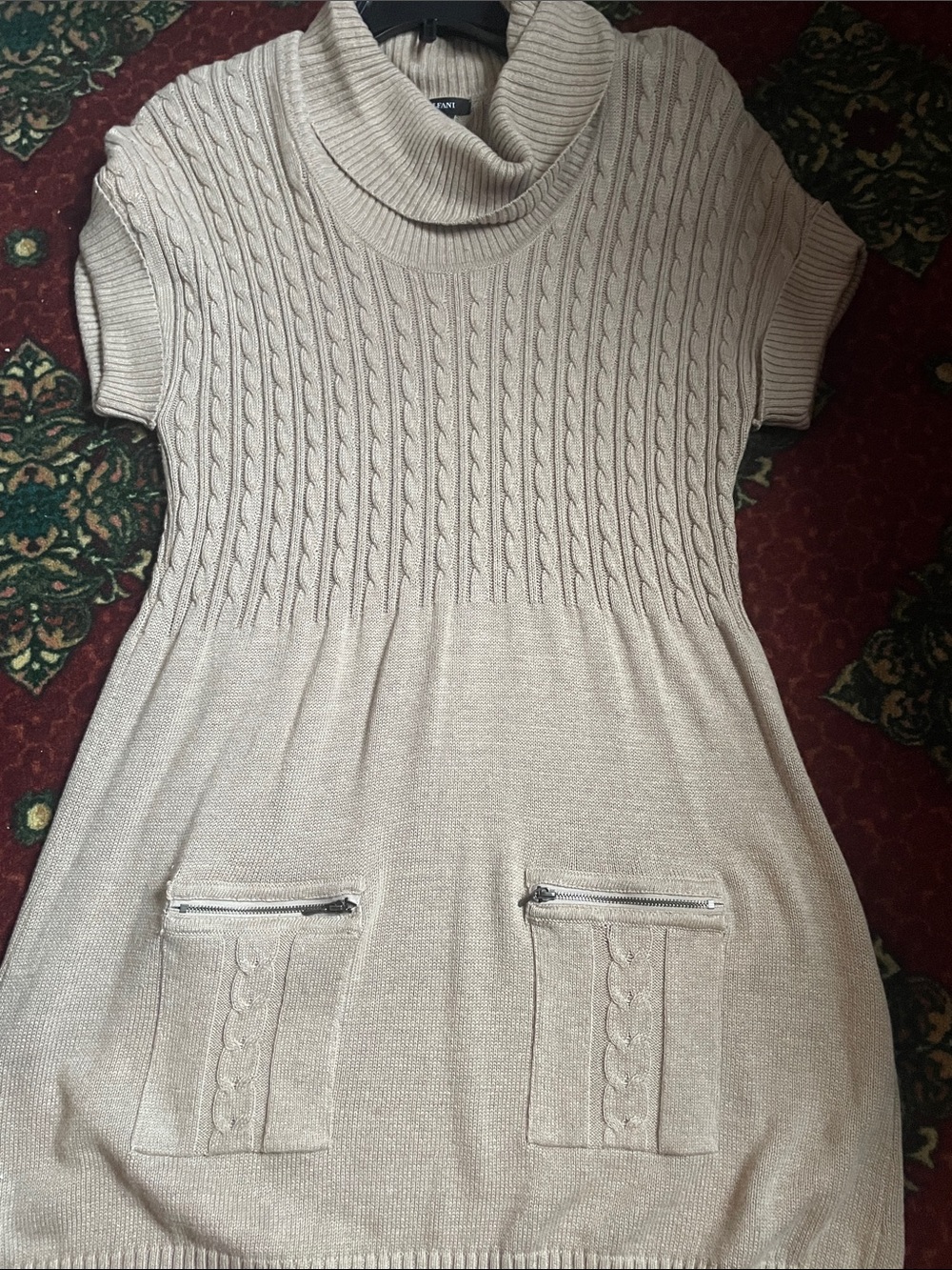 Alfani Beige Cable Knit Cowl Neck Short-Sleeve Tunic Sweater